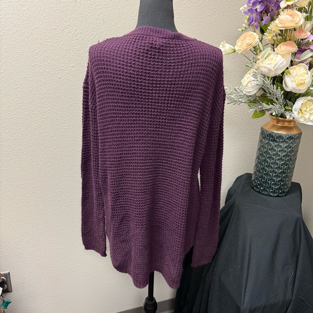 Zenana Outfitters Plum Purple Waffle Knit V-Neck Oversized Sweater Large Cozy - Picture 3 of 8